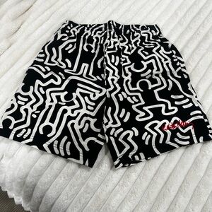 Black & White Graphic Shorts with Keith Haring logo and print